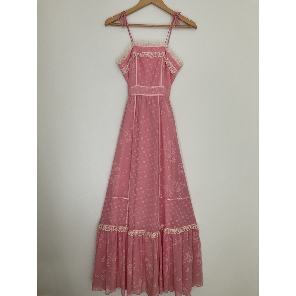 Vintage Candi Jones Of California Boho Pink Ruffle Maxi Dress  Sz 3 Cottagecore
